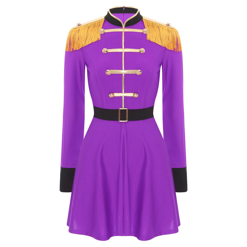 Womens Lion Tamer Costume Tassel Shoulder Long Sleeve Circus Ringmaster Dress Belted Halloween Outfit