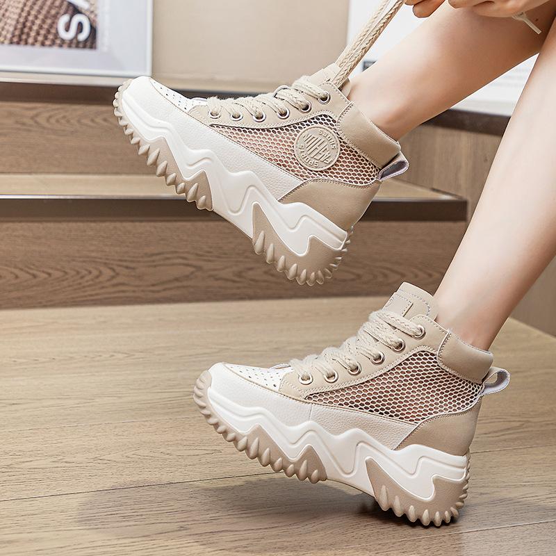 376 inner height increase 7 leather dad shoes women, spring new versatile thick-soled pine