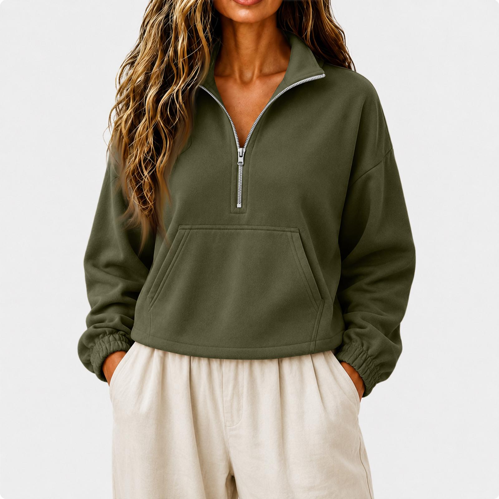 Women s Casual Half Zip Stand Collar Crop Hoodie Loose Long Sleeve with Pocket M