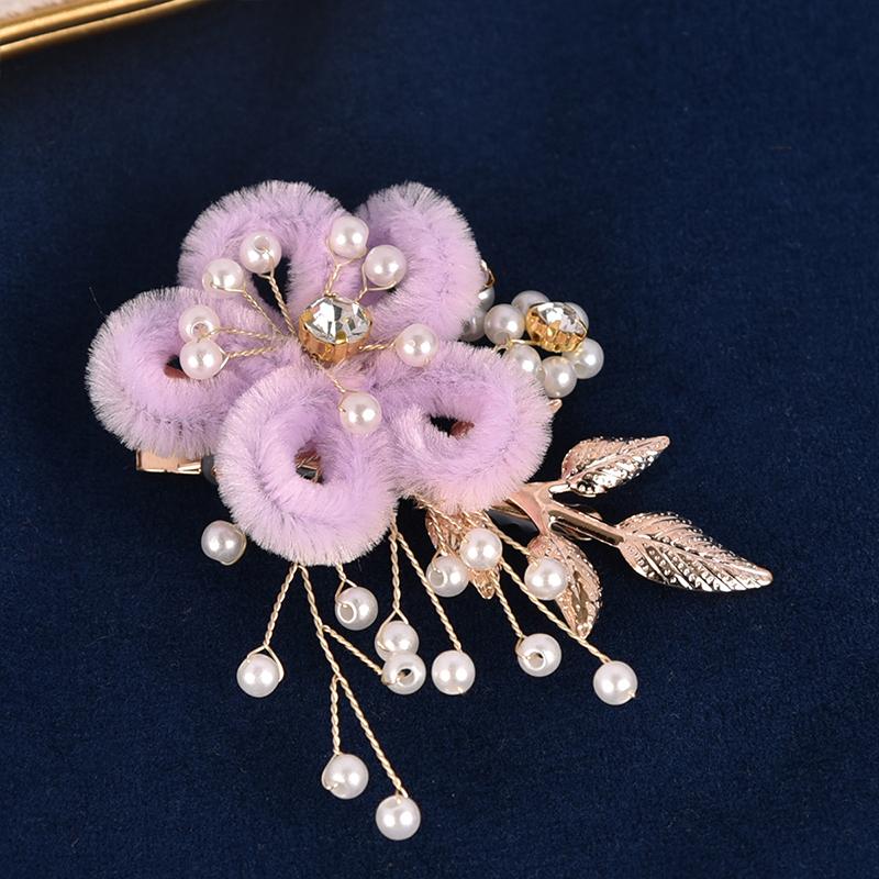 

1PC Handmade Elegant Antique Style Bride Flowers Duckbill Clip Hair Clip Multiple Colors Leaves Fashion Pearls Plush светло-фиолетовый