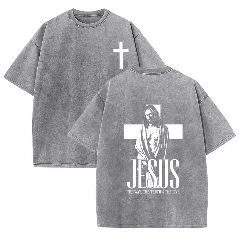 Retro Acid Wash Oversized T-Shirt Front Small Cross Back Jesus Figure Inspirational Text Casual Tops Asian Size