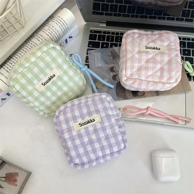 Mini-Kosmetiktasche mit großem Fassungsvermögen und kariertem Schleifendruck in Bonbonfarben, Aufbewahrungstasche für Make-up-Damenbinden aus Baumwolltuch für kleine Gegenstände