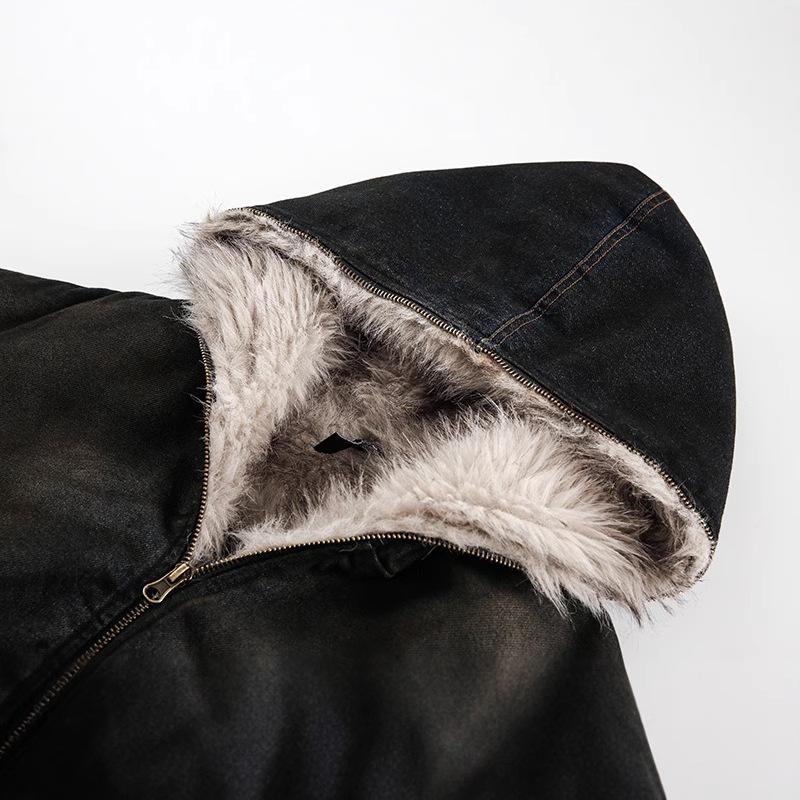 Jaquetas Acolchoadas Masculinas Moda Denim Lã com Capuz Desgastadas Zíper Patchwork Soltas Inverno Roupa Masculina Estilosa
