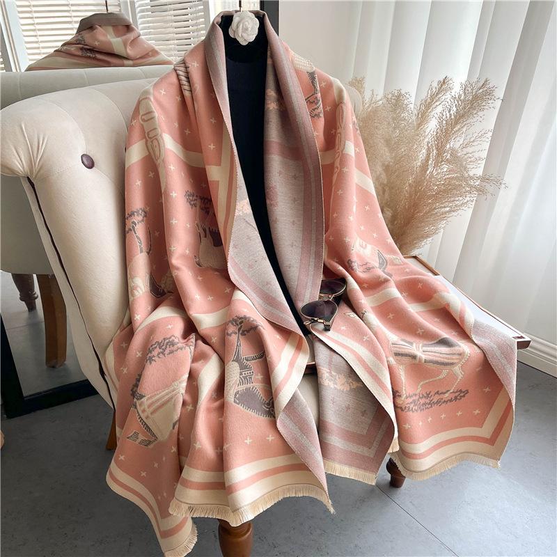 2024 Autumn/Winter New Thickened Warm Double Sided Two Tone Tassel Imitation Cashmere Scarf, High Grade Shawl Neck