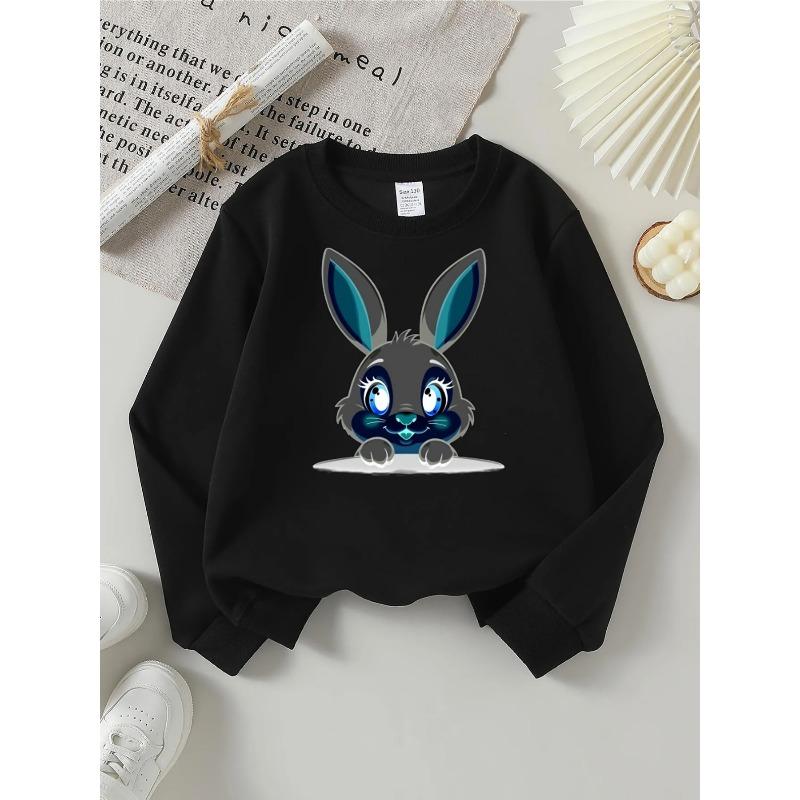 European sizes Cute Gray Bunny Face Cartoon Girls' Crewneck Sweatshirt, Western Style Long Sleeved Casual Top for Little Girls