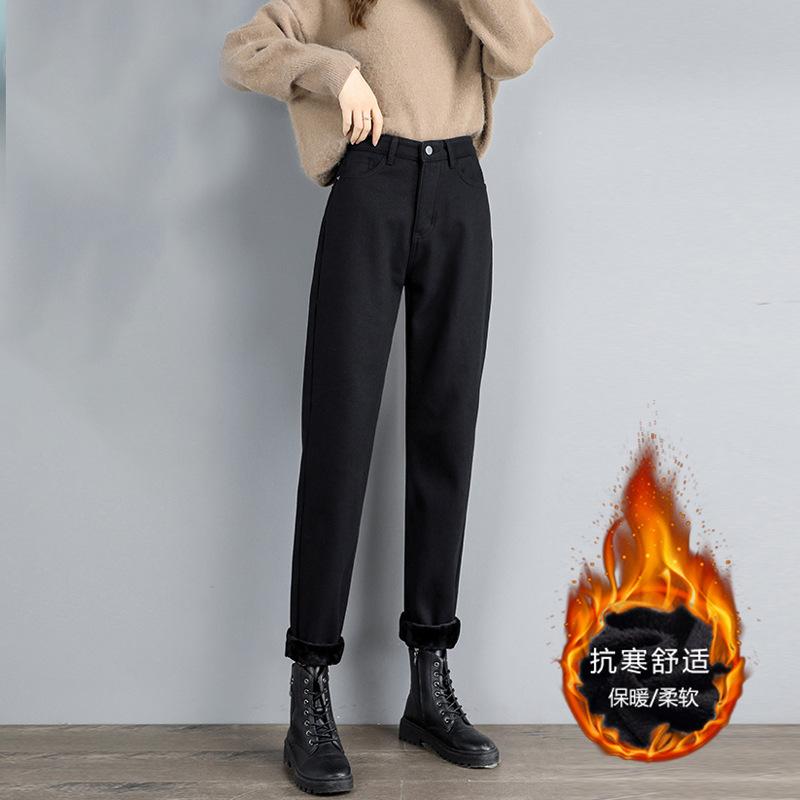 Straight Haren Jeans for Women Autumn and Winter with Thick Fleece and High Waist Loose Korean Version Jeans