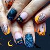 24Pieces Orange French Tip Press On Nail Cobweb Design Dark Bat Glittering ABS Material For Halloween Event