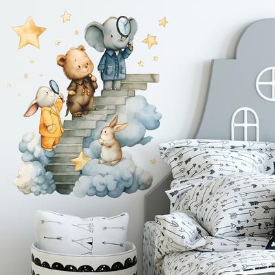 Animales de Dibujos Animados Observando Estrellas Pegatinas de Pared para Decoración y Embellecimiento de Dormitorio Infantil