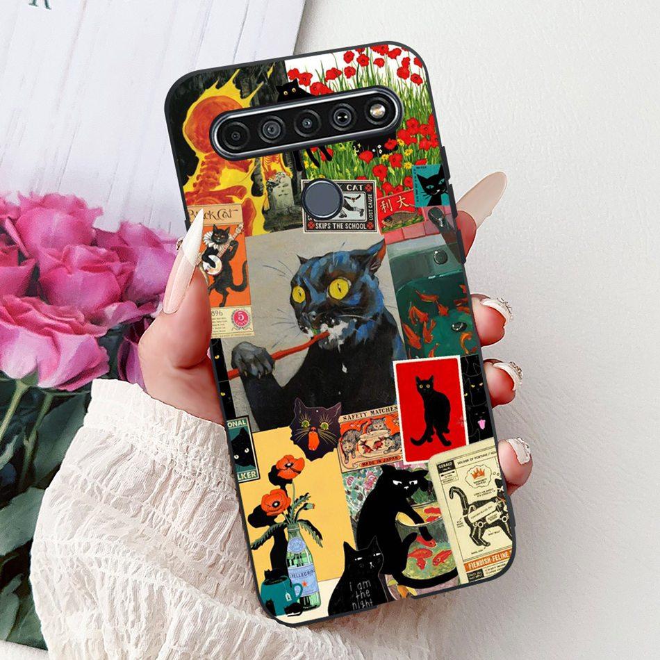 For LG K41S K51S 2020 Elegant Floral Cat Printed Phone Case For LG K41S K51S LM-K410 LM-K510 Black Silicone Soft Cases