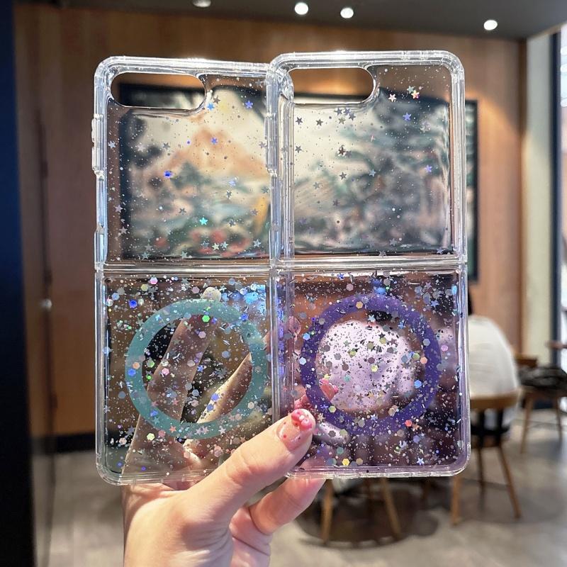 Glitter Gradient Transparent Magnetic Phone Case for Samsung Galaxy Z Flip 7 FE 6 5 4 3 for Magsafe Wireless Charge Cover