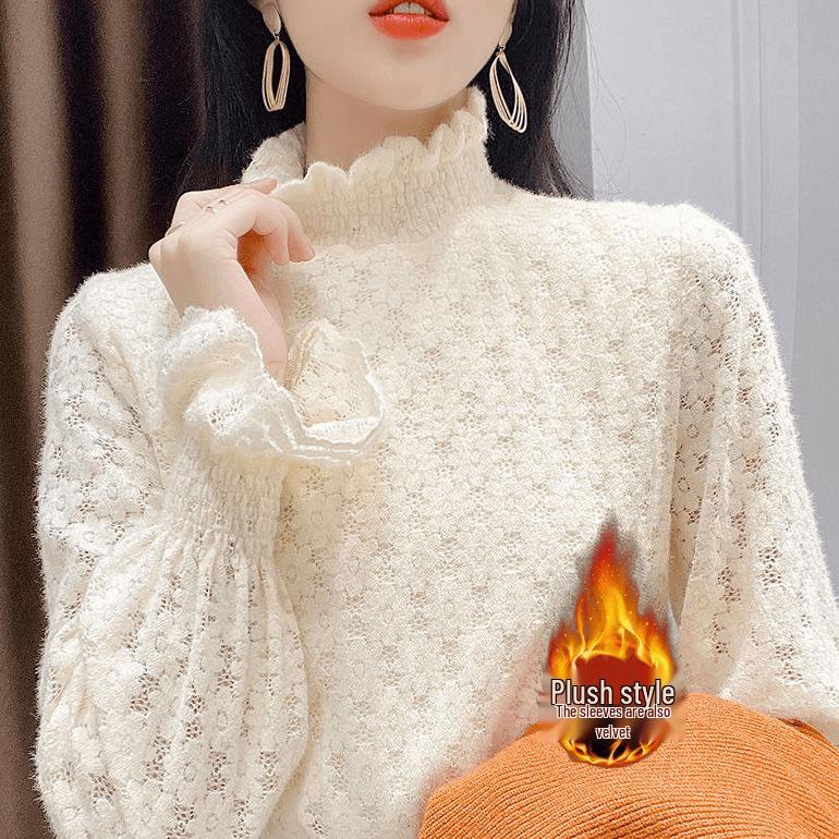 Women's Autumn/Winter 2120 Lace Fleece-Lined High Neck Base Layer Top - Fashionable, Thickened Innerwear 