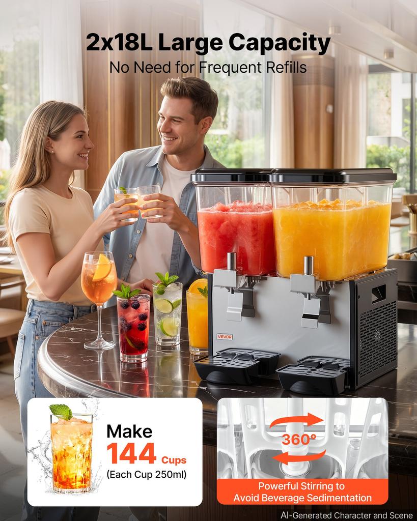 VEVOR Commercial Beverage Dispenser 2 Tanks 18 L / 19 QT Per Tank, Stainless Steel Juice Dispenser
