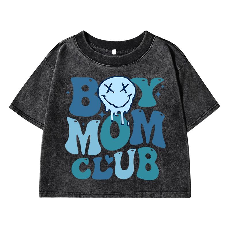 Boy Mom Club Smile Face Print Female Washed Short T-Shirt Fashion Street Retro Tops Summer Midriff-Baring Clothes