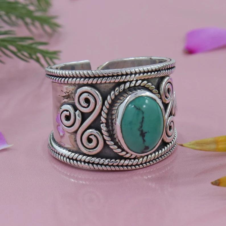 Tibetischer Türkis Spinner Band Ring, Verstellbarer Ring, Statement Ring, Boho Ring, Einzigartiges Geschenk für sie, Unisex Ring, 925 Sterling Silber