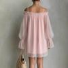 Women Off‑Shoulder Chiffon Mini Dress, Long Sheer Puff Sleeve Loose Ruffled Casual Party Dress Elegant Sexy Short Evening Gown