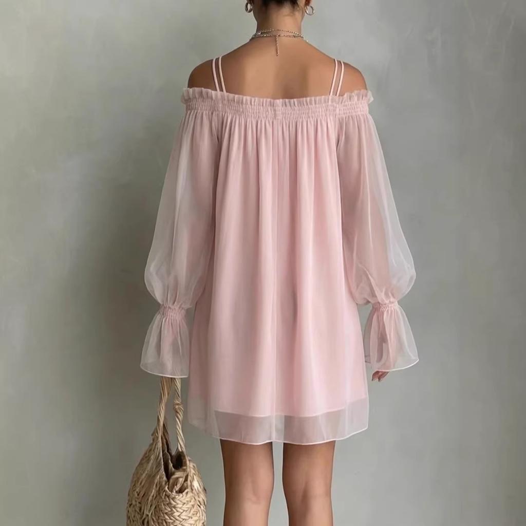 Women Off‑Shoulder Chiffon Mini Dress, Long Sheer Puff Sleeve Loose Ruffled Casual Party Dress Elegant Sexy Short Evening Gown