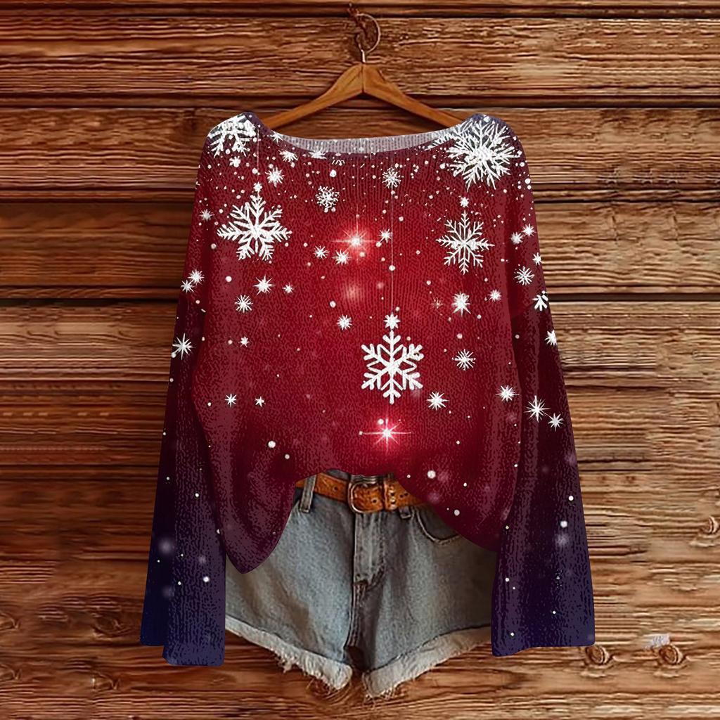 Women's Round Neck Lightweight Sweater Casual Long Sleeve Christmas Print Knit Pullover.