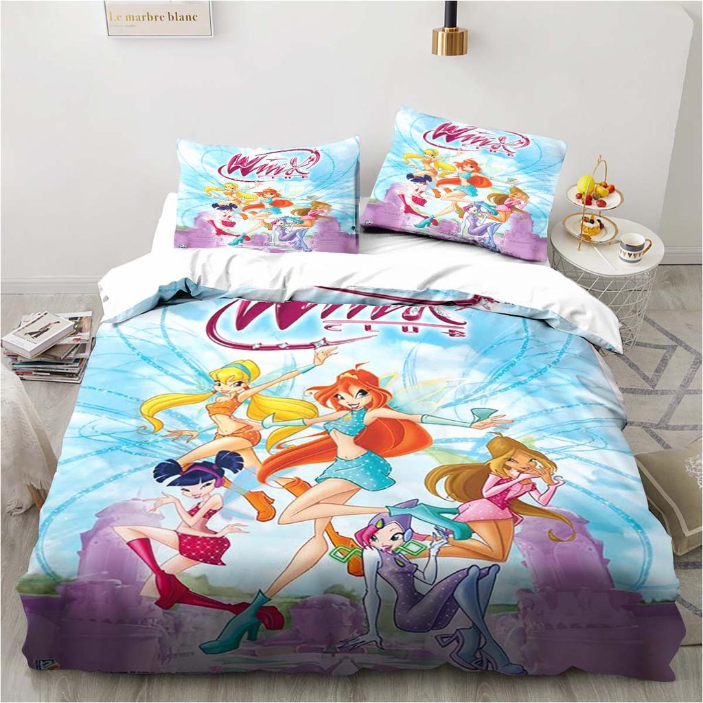 Set di biancheria da letto Kawaii Anime Winx Letto a tre pezzi Singolo Doppio King Size Set di letto per adulti e bambini Set copripiumino per bambini Regalo per bambini