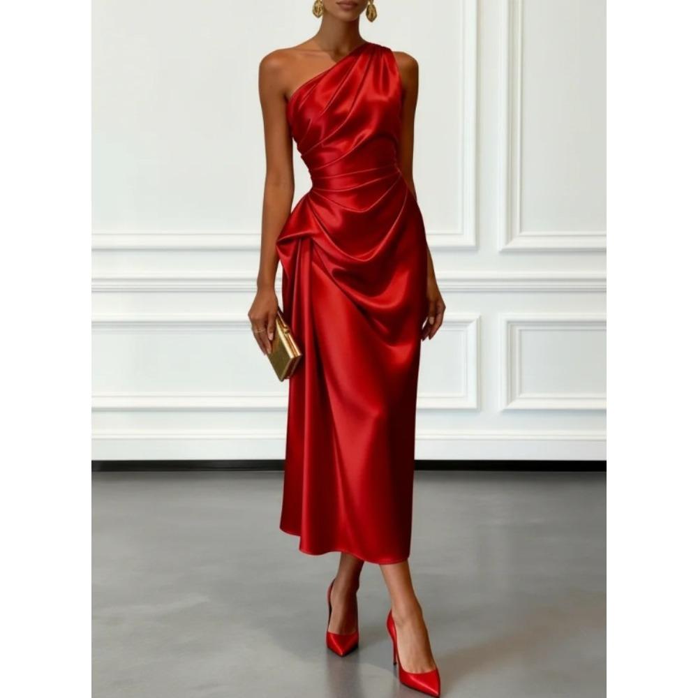 New High-end Satin Pleated Waist Sleeveless Banquet Evening Dress Women