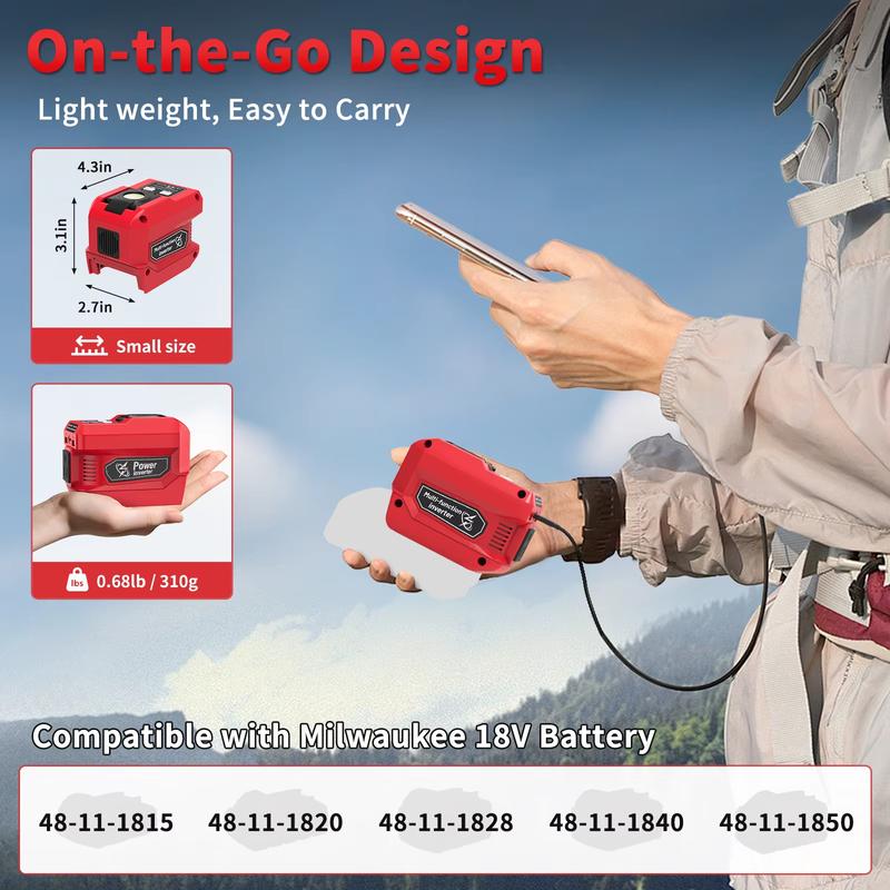 Azocek 220W Portable Power Inverter Compatible with Mil-wau-kee 18V Battery, 18V to AC 110V 4 Output&300LM LED, Inverter for Car