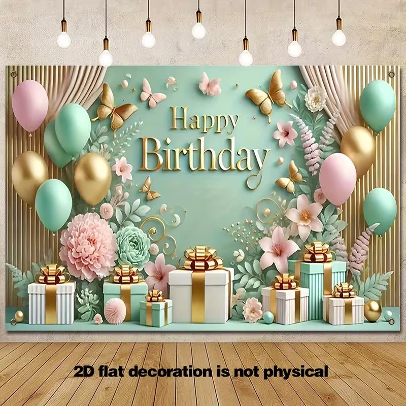 

2D Pastel Mint Birthday Banner, Gift Boxes & Butterflies Background 47.2x31.5inch/120*80cm