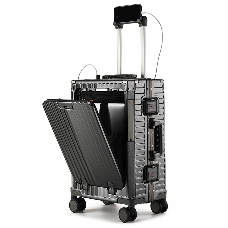 20 Inch Front Opening Multifunctional PC Aluminum Frame Carry On Luggage - Rechargeable Rolling Suitcase with Combination Lock & Spinner Wheels