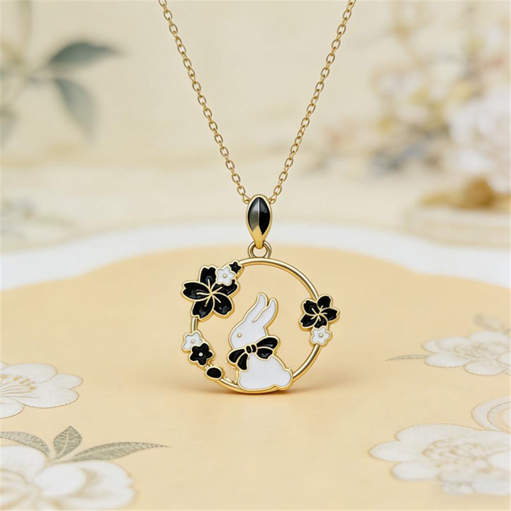Cute Animal Female White Pink Blue Black Enamel Skeleton Flower Rabbit Pendant Necklace Gold Color Wedding Jewelry For Women
