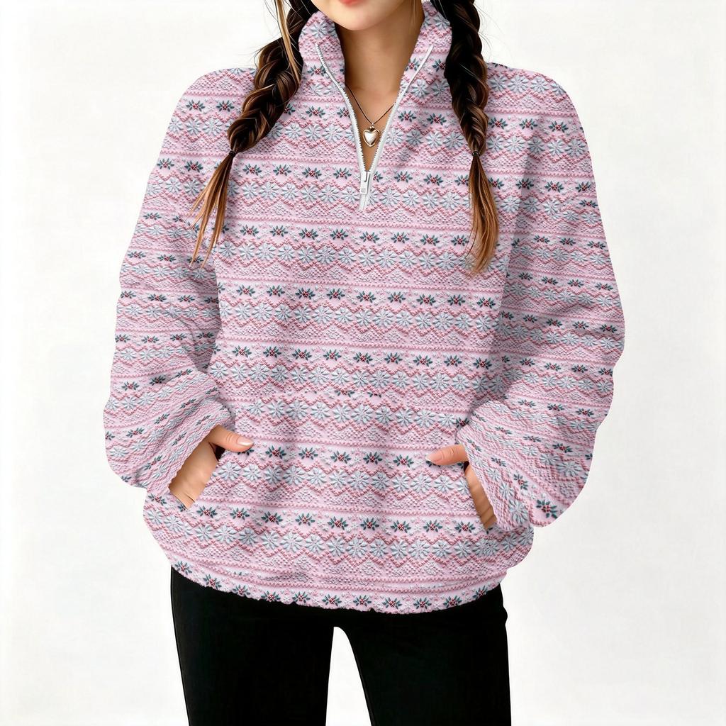 Women's Christmas Print Half Zip Pullover Long Sleeve Casual Top for Holiday Winter
