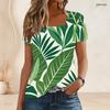 Women Plus Size U Neck Short Sleeve T Shirt White Tropical Floral Leaf Print Casual Top