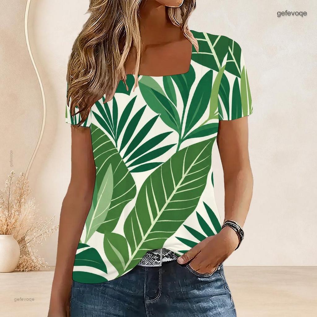 Women Plus Size U Neck Short Sleeve T Shirt White Tropical Floral Leaf Print Casual Top