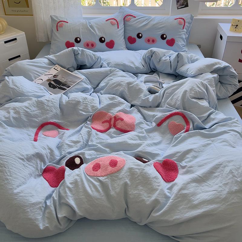 Super Soft Cotton Chenille Bear Embroidery Bedding Set - 4-Piece Simple Cartoon Duvet & Sheet