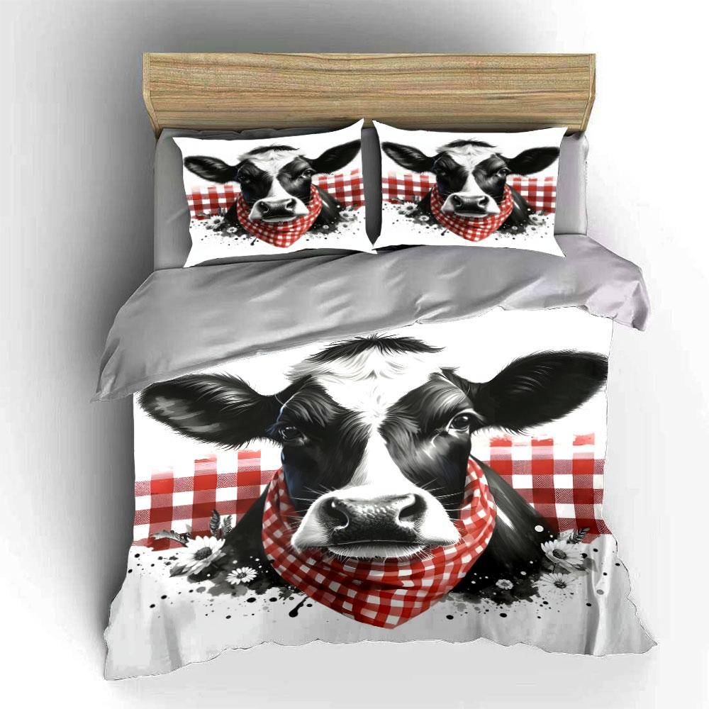 Cow With Red Checkered Background Printed Duvet Cover Set1 Duvet Cover+2 Pillowcasemulti Size Bedroom Bedding Decor