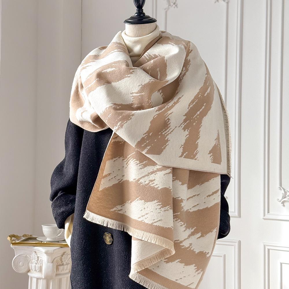 Black and White Striped Shawl, Double-sided Imitation Cashmere Scarf, Elegant Temperament Cloak, Thickened Thermal Air-conditioned Room Blanket