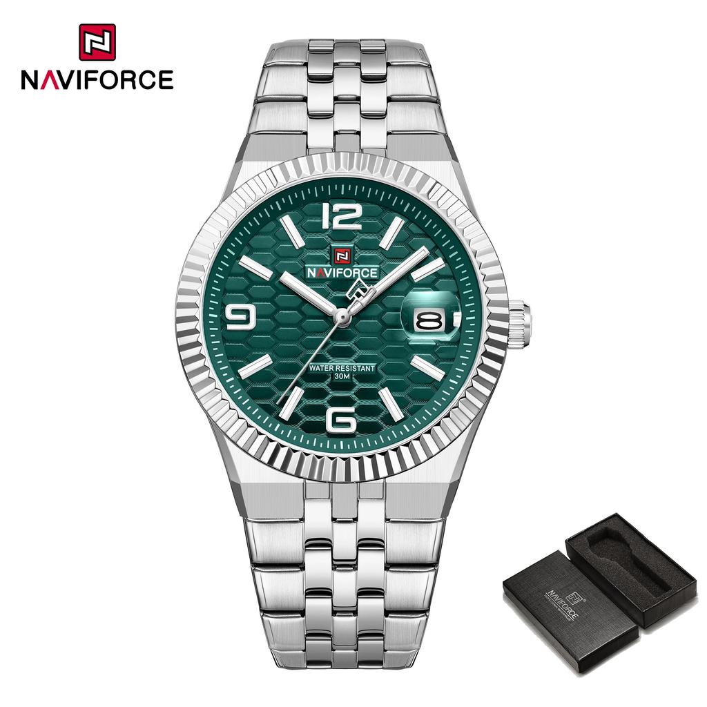 NAVIFORCE Original Men Quartz Watch Calendar Stainless Steel Strap Luminous Hands Honeycomb Dial Design Waterproof 3ATM Men Watch NF9277