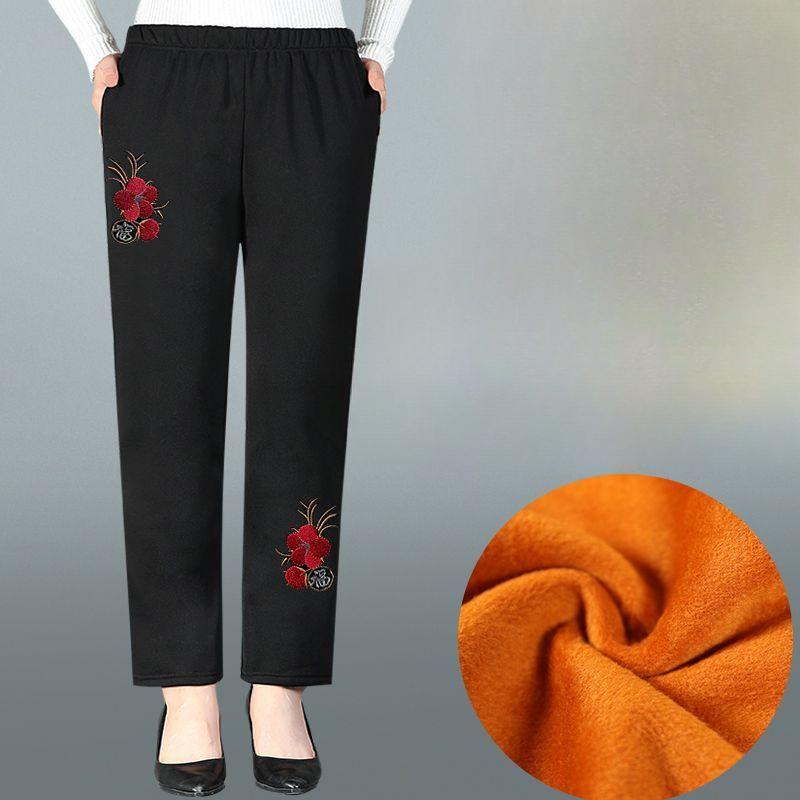 

Брюки для женщин среднего и пожилого возраста, с высокой талией, плюс бархат, толстые теплые брюки, повседневные хлопковые брюки для мамы, верхняя одежда, модели осень-зима XS