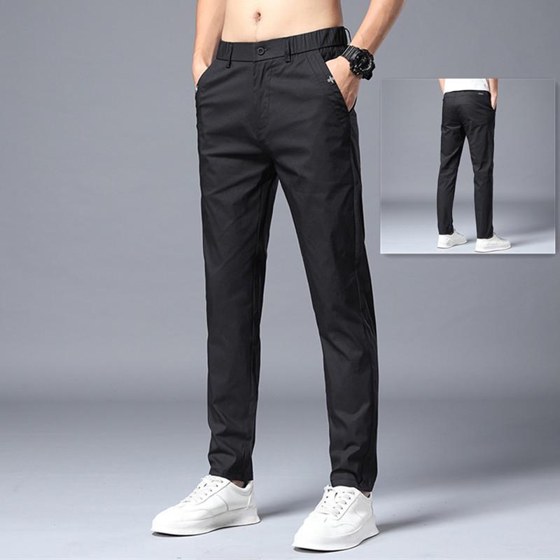 

Узкие повседневные брюки из корейского молодежного материала Ice Silk — универсальные, модные, дышащие, с эластичным поясом. 38 (200 lb) чёрный