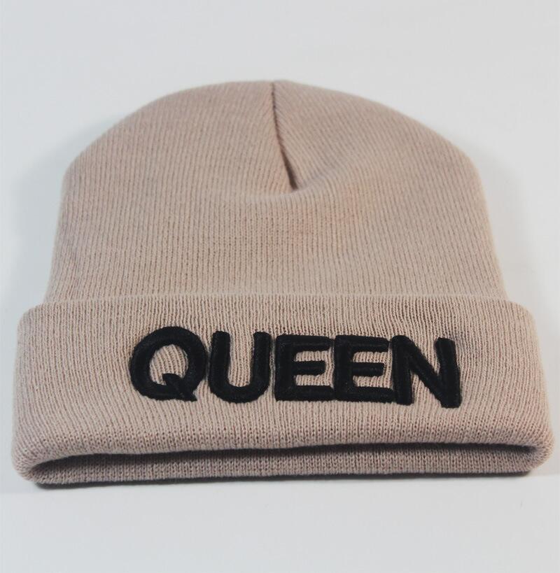 European and American Popular KING Embroidered Knitted Hat QUEEN Couple Winter Women's Wool Hat