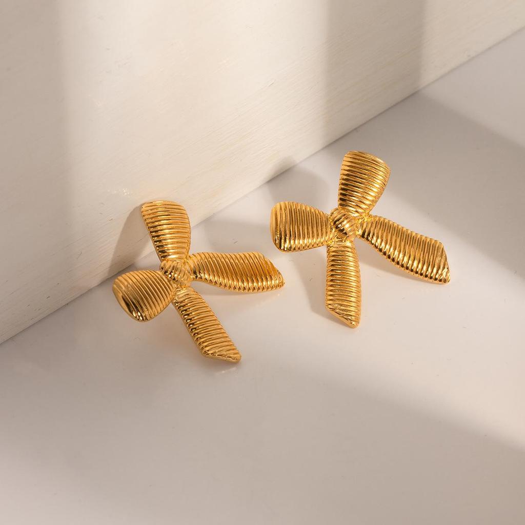 18K Gold Stainless Steel Bow Earrings: Colorfast Striped Studs for Women