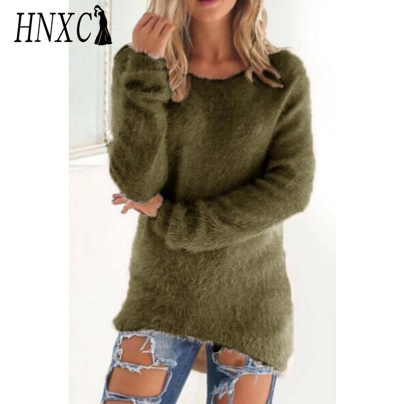 HNXC Women's Fashion Casual Solid Color Print Autumn Winter Long Sleeve O-Neck Loose Sweaters