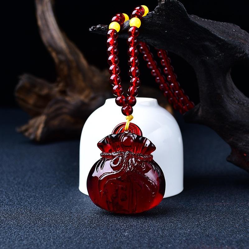 Yellow Beeswax Sweater Necklace Water Drop Flowers Gourd Leaves Amber Pendant Necklace Handicraft National Style Pendant