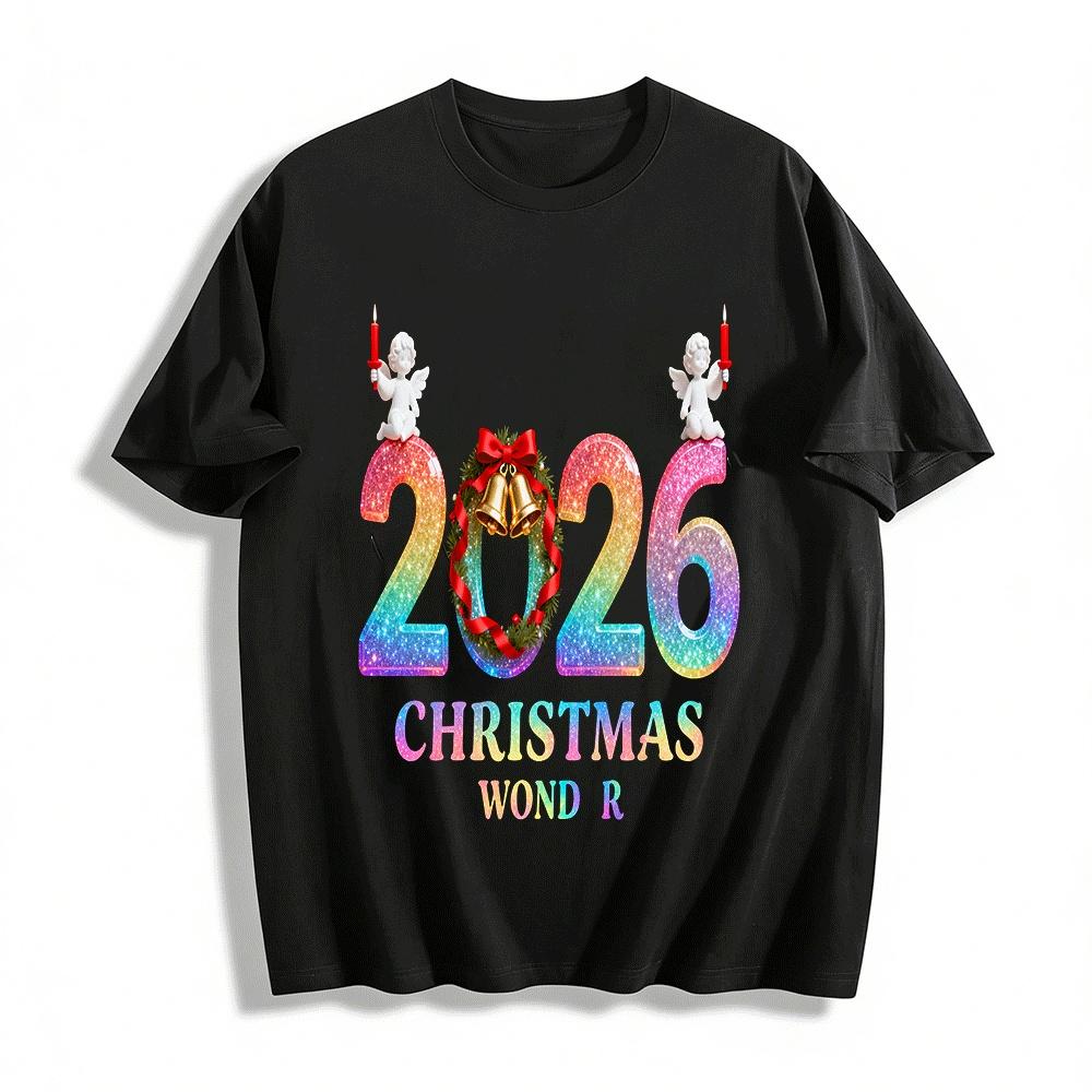 2026 Christmas Angel Bell Dreamy Festive Print Casual Top Pure cotton T-shirt XXS