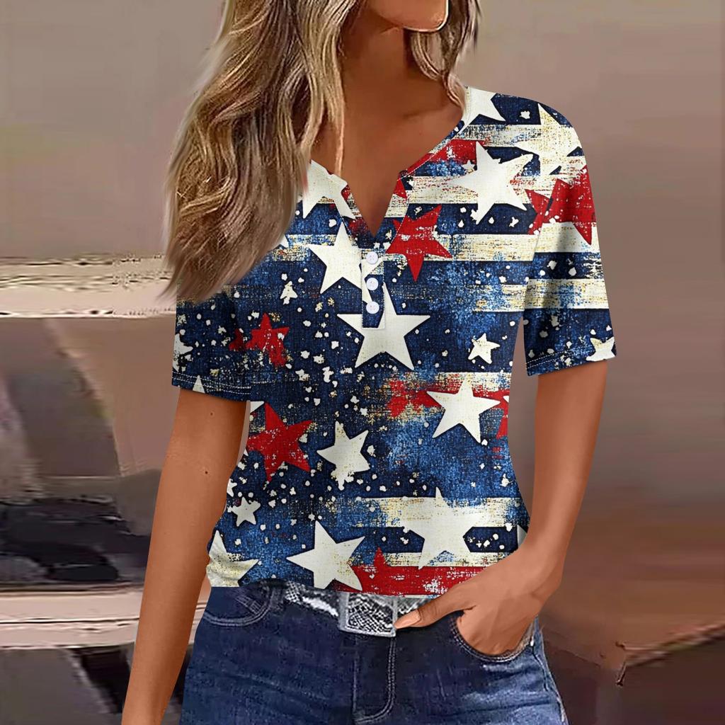 Dámské tričko Tričko Potisk knoflíku Krátký rukáv Denní víkend Móda Basic Top s výstřihem do V