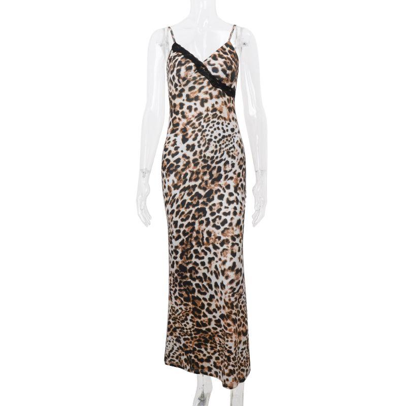 

Fashion Style Ins Sexy Sexy Leopard Print Printing Slip Dress Female V-neck Lace Slim Fit Patchwork Temperament Long Dress Flower color S