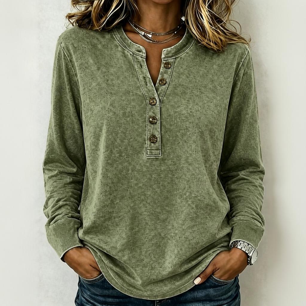 Camicia da Donna Retro a Maniche Lunghe Scollo a V Bottoni Vestibilità Larga Usurata Top