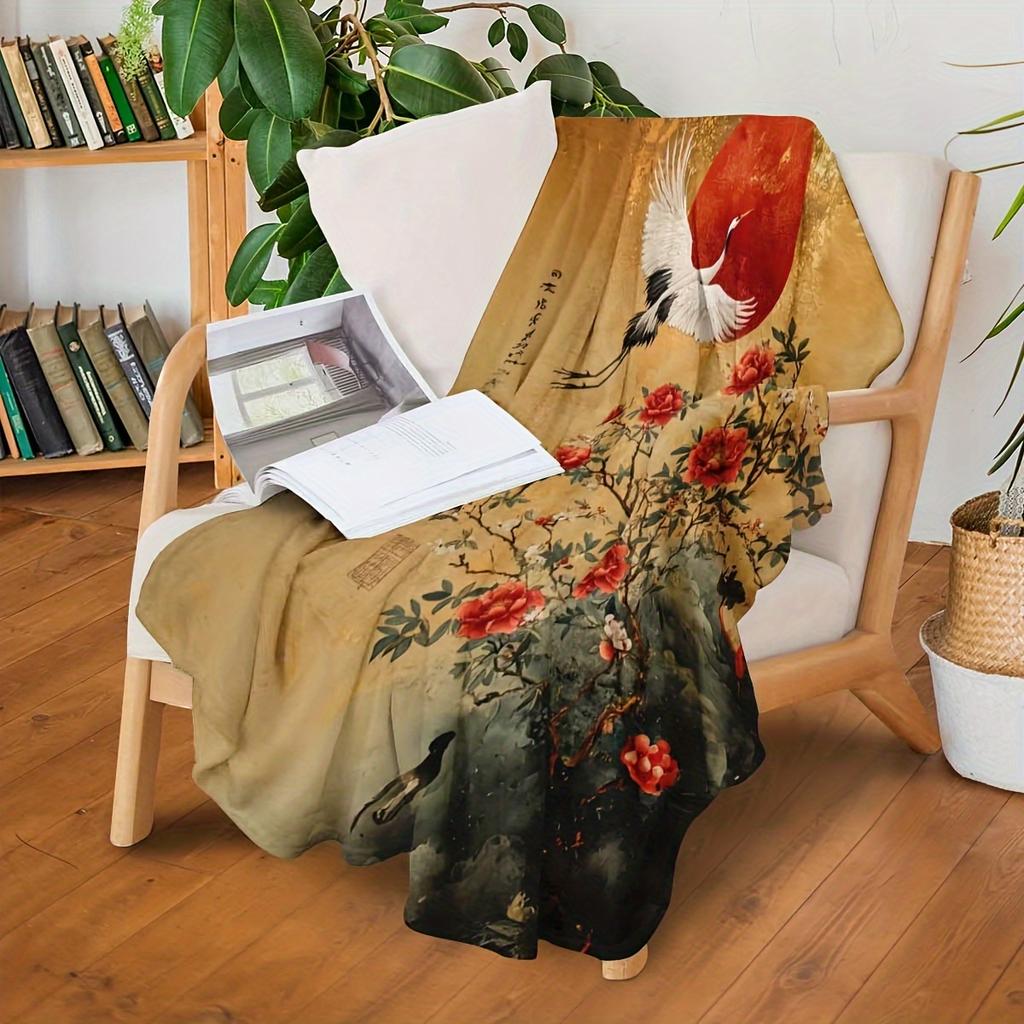 Retro Crane Pattern at Sunset Flannel printed blanket suitable for all seasons suitable for living room office sofa and travel
