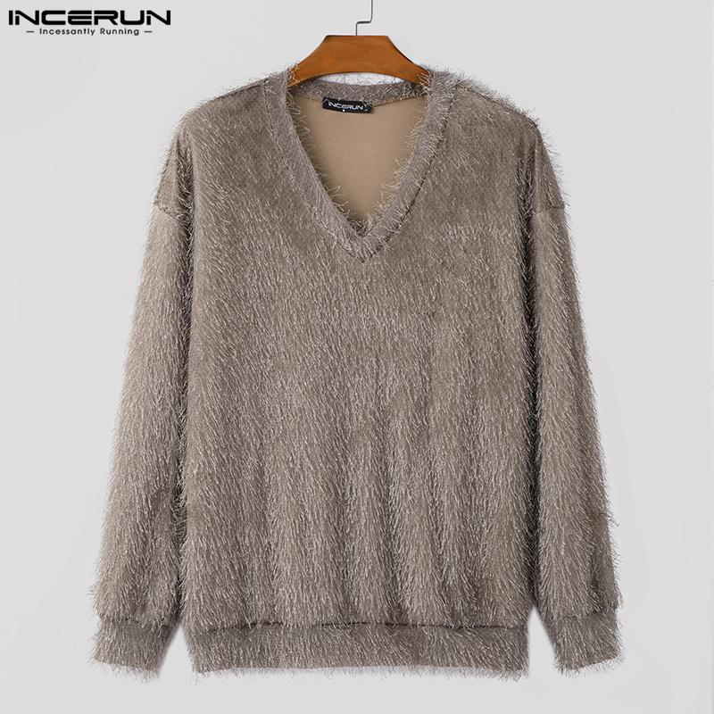 INCERUN Men V Neck Long Sleeve Tassels Warm Tops Stretch Pullovers
