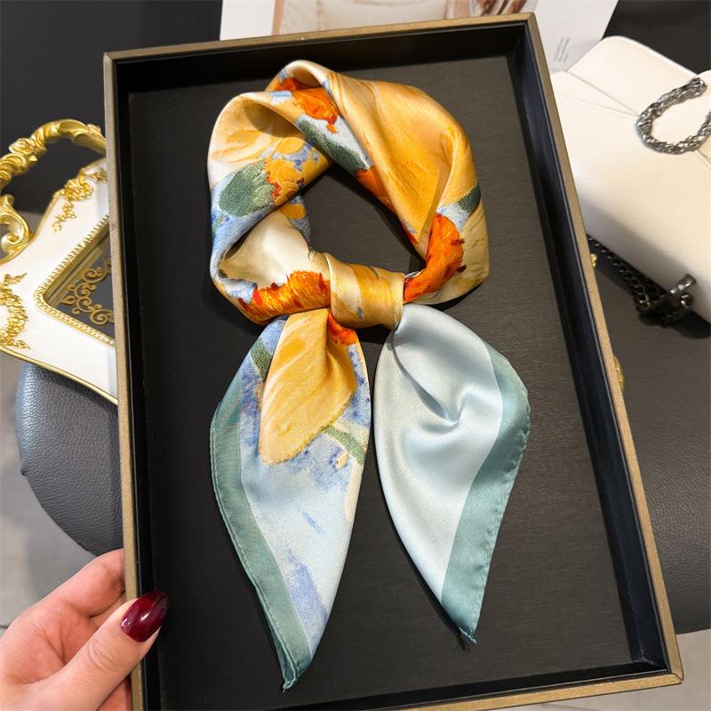 Luxury Designer Yellow Floral Print Scarf Women Silk Scarves Bandana Hijab Neckerchief Shawl Kerchief Hair Band Foulard Lady