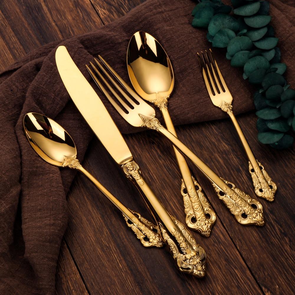 Gorgeous Gold-Plated Cutlery Set 5/10/15/20/25/30 PCS Luxury Stainless Steel Flatware Set Baroque Hollow Handle Dinner 4