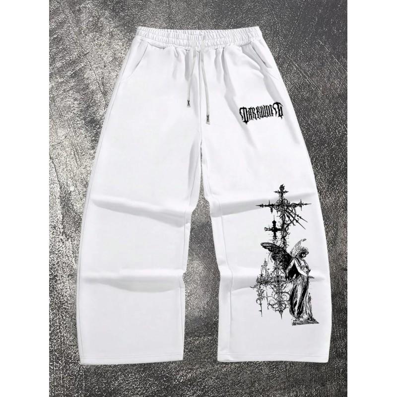 Y2K Gothic Letter Print Wide Leg Sweatpants Loose Fit Tie Waist Track Pants Unisex Women