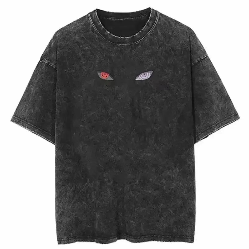 Baumwolle Herren Vintage Japan Anime Print Oversize T-Shirt Streetwear Harajuku Sommer Schwarz Kurzarmhemd Locker Baumwolle Oberteile T-Shirts